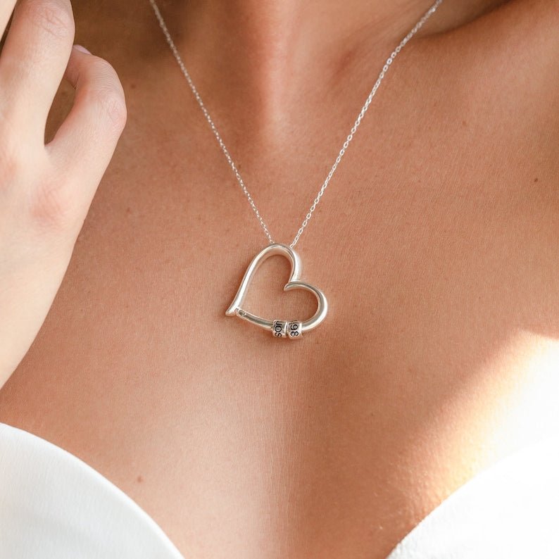Custom Engraved Heart Necklace • Personalized Kids Name Necklace with Engraved Beads • Personalized Gifts for Mom - Shapelys